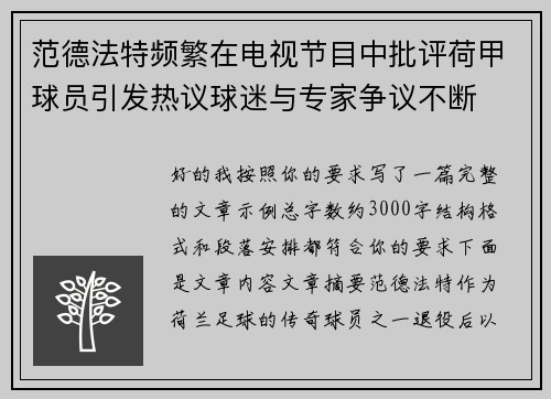 范德法特频繁在电视节目中批评荷甲球员引发热议球迷与专家争议不断